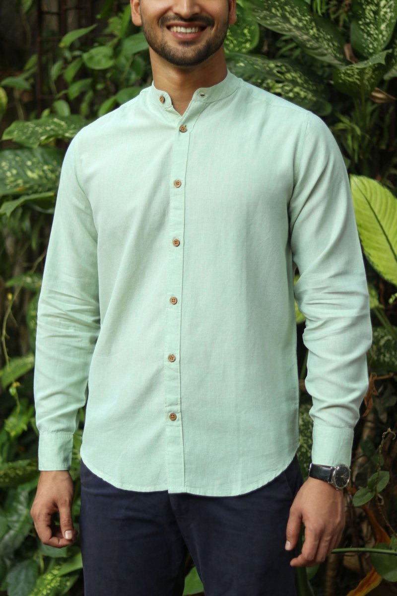 Buy TENCEL™ Lyocell-Linen Mandarin Collar Shirt in Fresh Green | Shop Verified Sustainable Mens Shirt on Brown Living™