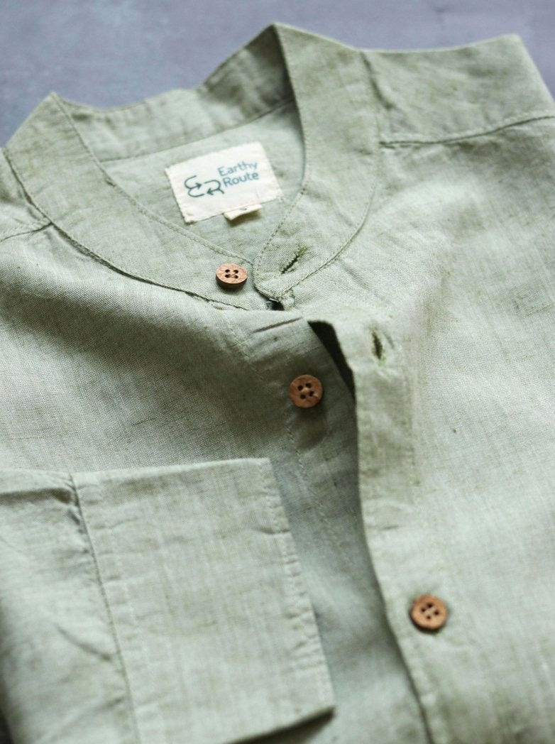 Buy TENCEL™ Lyocell-Linen Mandarin Collar Shirt in Military Green | Shop Verified Sustainable Mens Shirt on Brown Living™