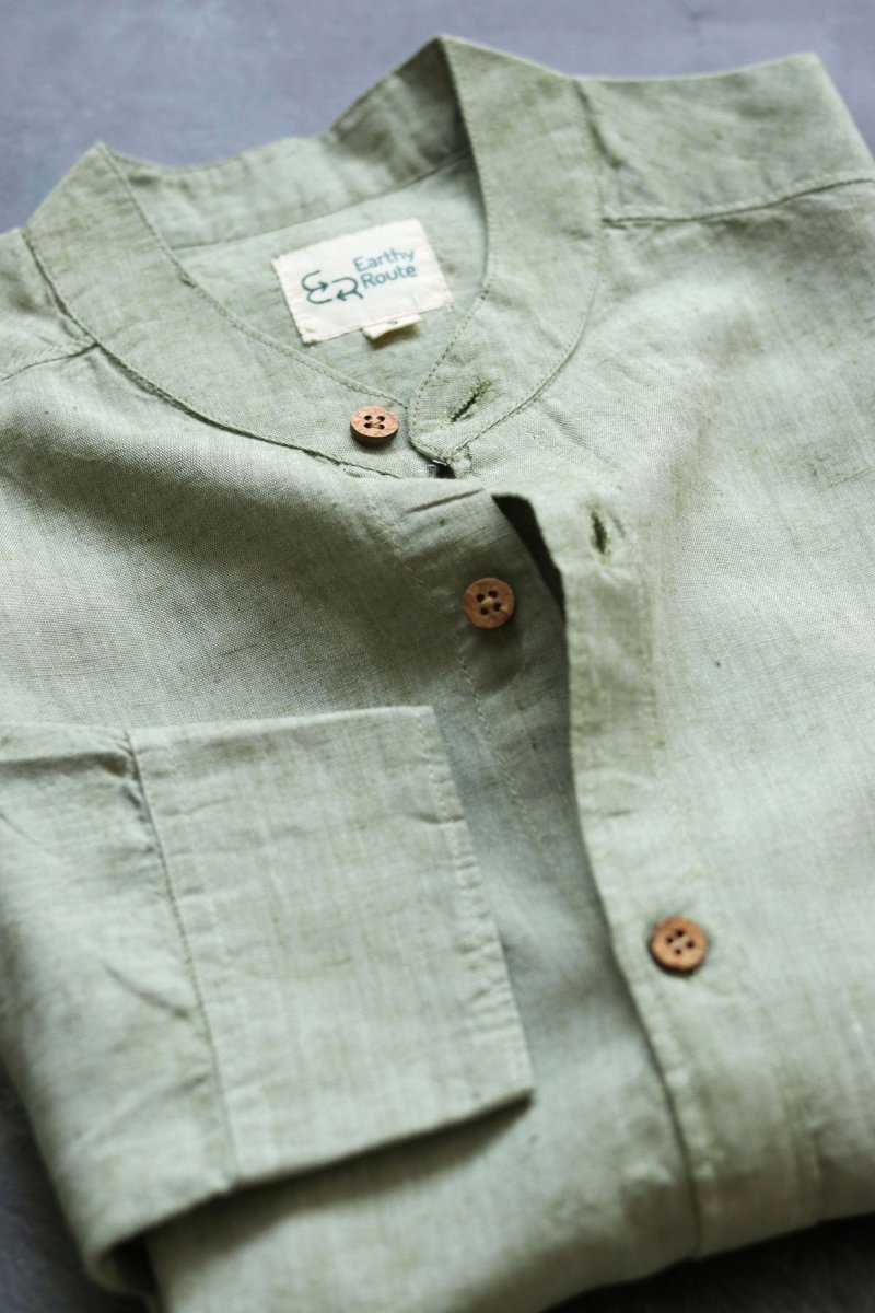 Buy TENCEL™ Lyocell-Linen Mandarin Collar Shirt in Military Green | Shop Verified Sustainable Products on Brown Living