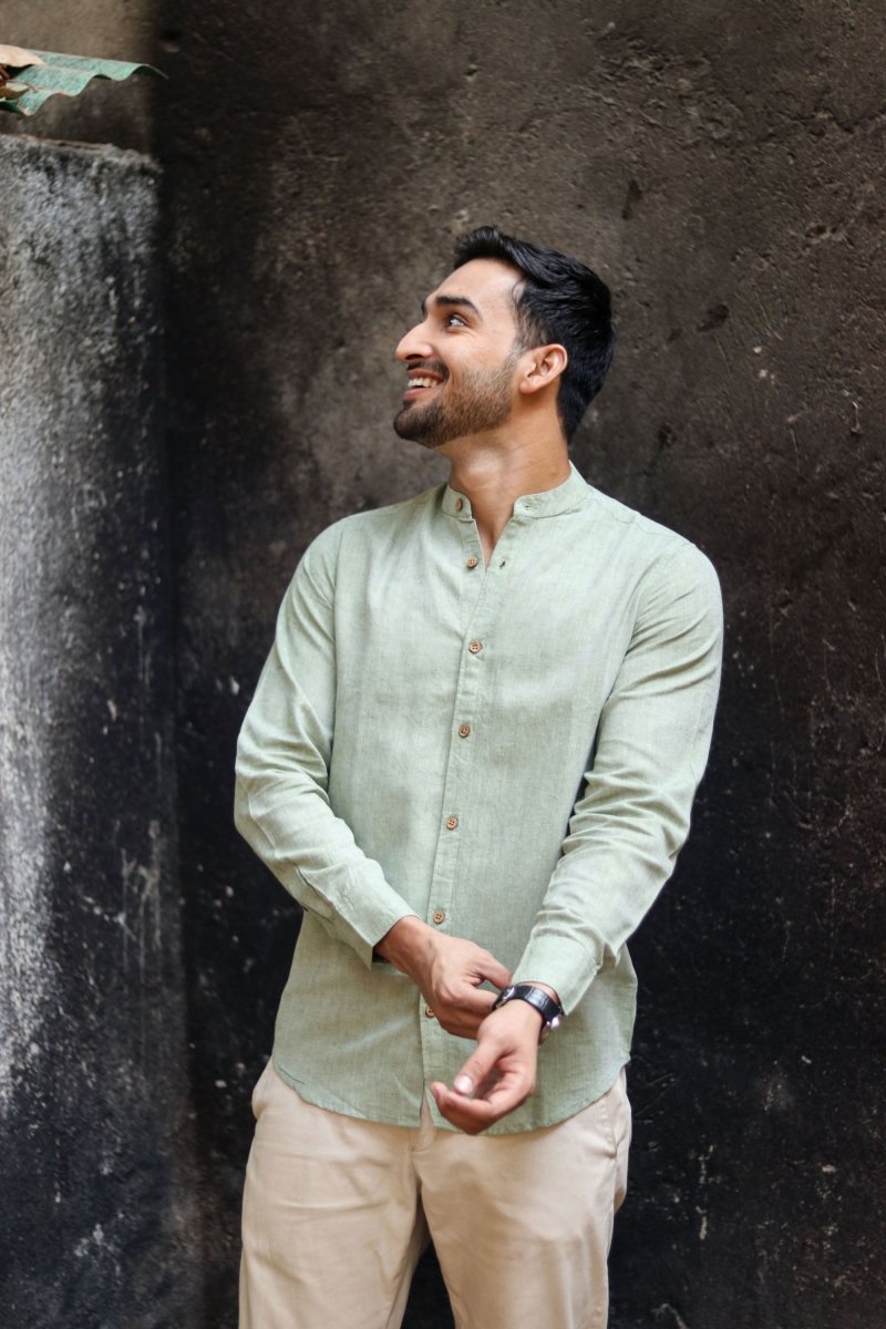 Buy TENCEL™ Lyocell-Linen Mandarin Collar Shirt in Military Green | Shop Verified Sustainable Products on Brown Living
