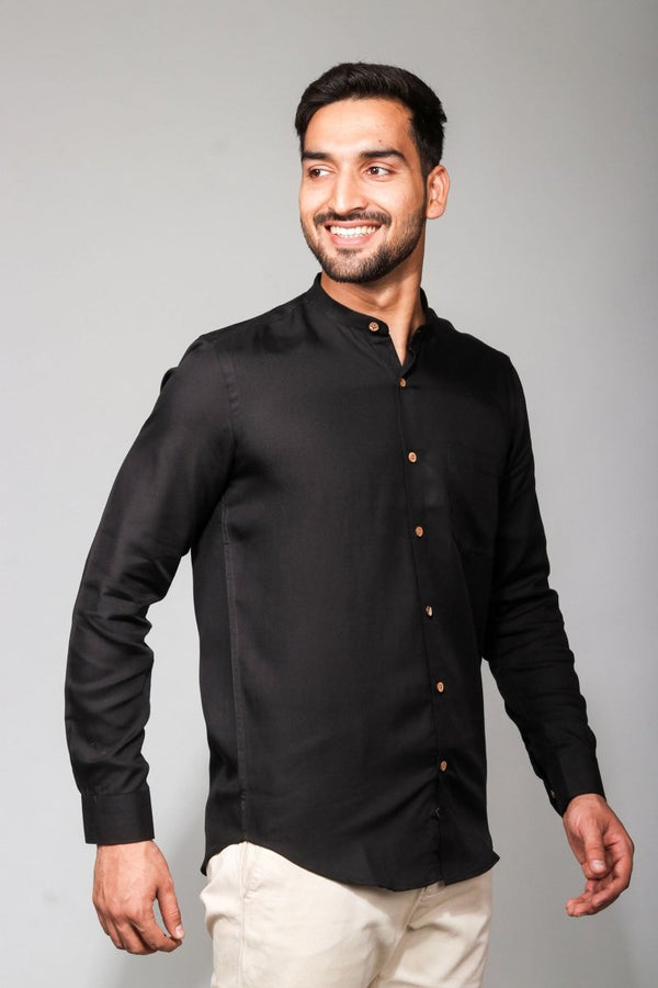 Buy TENCEL Lyocell Mandarin Collar Shirt in Jet Black | Shop Verified Sustainable Products on Brown Living
