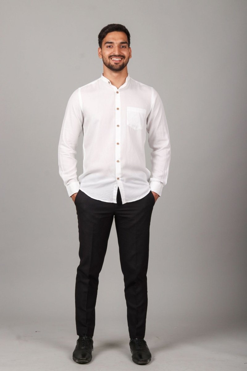 Buy TENCEL Lyocell Mandarin Collar Shirt in Milky White | Shop Verified Sustainable Mens Shirt on Brown Living™