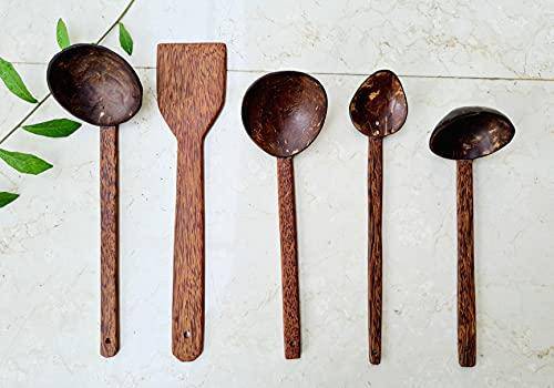 Traditional Coconut Shell & Wood Cooking Set - a Spatula, a Large Spoon & 3 Size Ladles | Verified Sustainable by Brown Living™