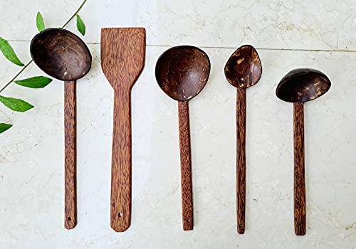 Buy Traditional Coconut Shell & Wood Cooking Set - a Spatula, a Large Spoon & 3 Size Ladles | Shop Verified Sustainable Cookware on Brown Living™