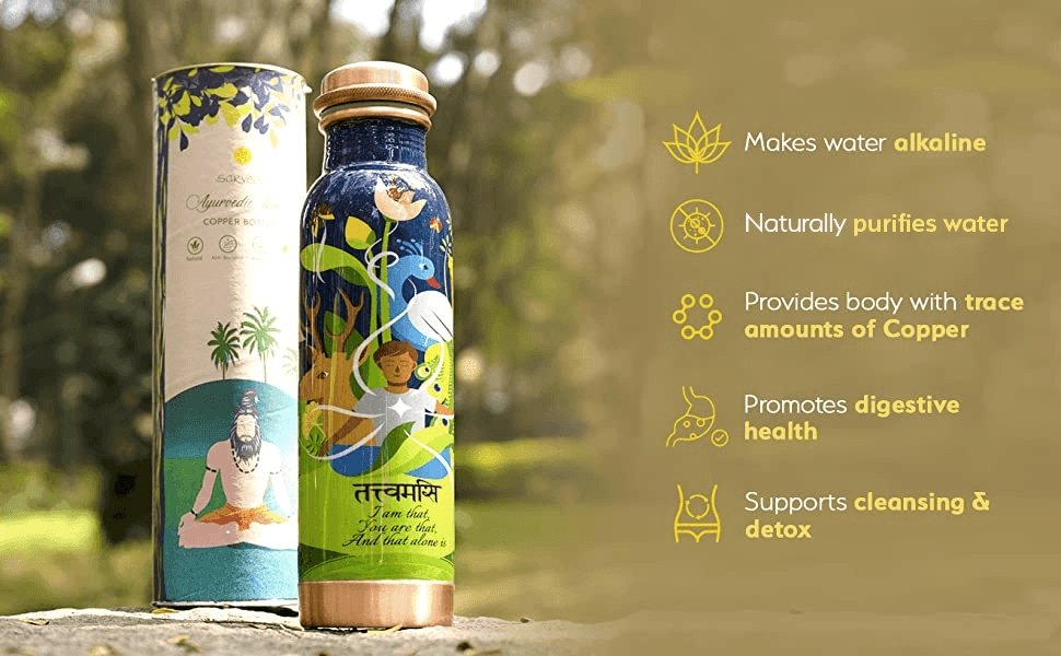 Traditionally Handcrafted Ayurvedic Copper Bottle with Yogic Artwork | Verified Sustainable by Brown Living™