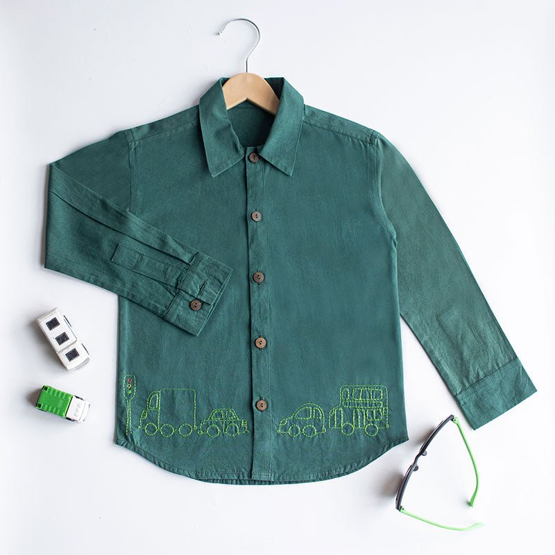 Traffic Embroidered Formal Shirt - Bottle Green | Verified Sustainable by Brown Living™