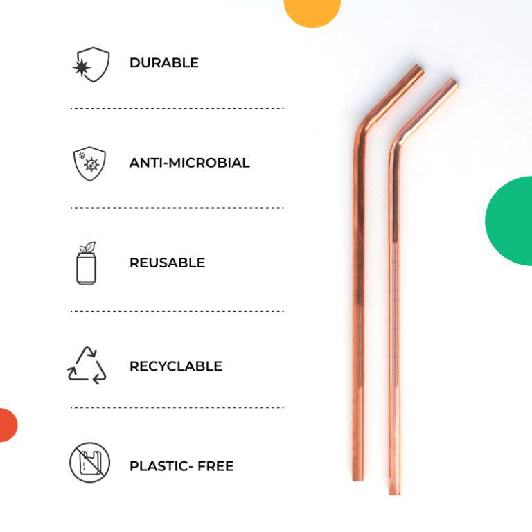 Buy Travel Copper Straw Kit | 1 Straight & 1 Bent Copper Straw | 1 Straw Cleaner | Shop Verified Sustainable Straw on Brown Living™