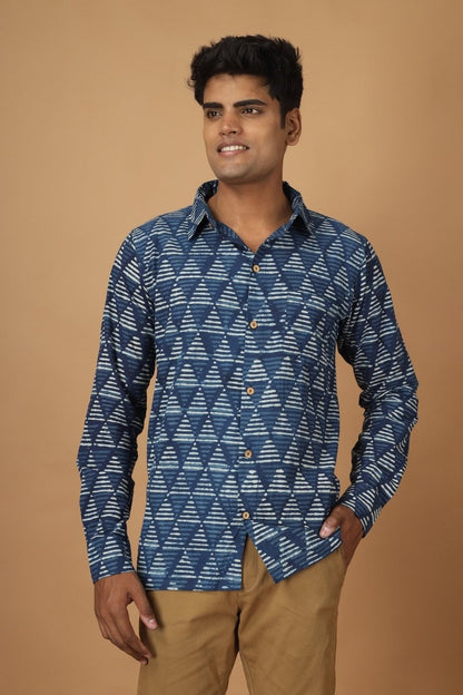 Trikona Dabu Indigo Mens Cotton Shirt | Verified Sustainable by Brown Living™