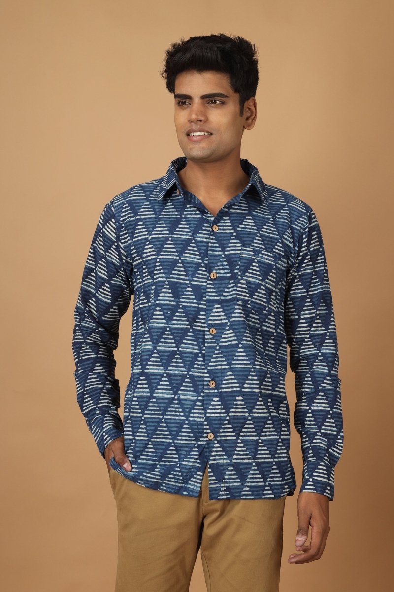 Trikona Dabu Indigo Mens Cotton Shirt | Verified Sustainable by Brown Living™