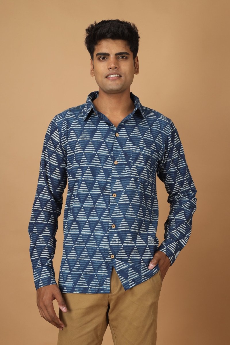 Trikona Dabu Indigo Mens Cotton Shirt | Verified Sustainable by Brown Living™