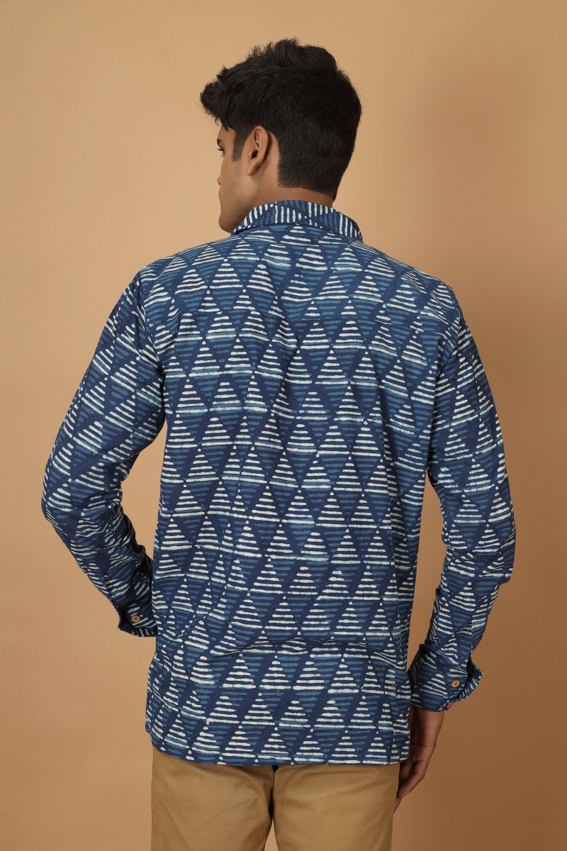 Buy Trikona Dabu Indigo Mens Cotton Shirt | Shop Verified Sustainable Mens Shirt on Brown Living™
