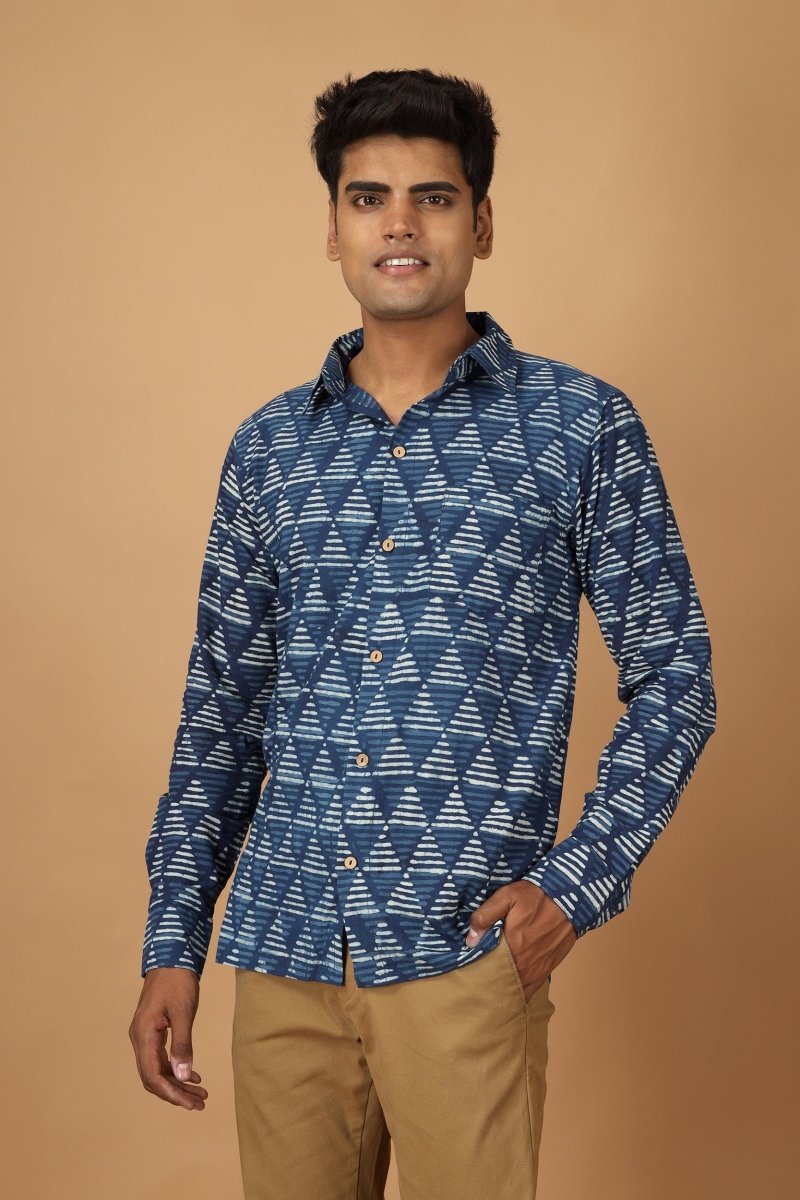 Buy Trikona Dabu Indigo Mens Cotton Shirt | Shop Verified Sustainable Mens Shirt on Brown Living™