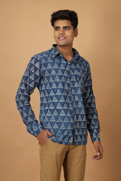 Trikona Dabu Indigo Mens Cotton Shirt | Verified Sustainable by Brown Living™