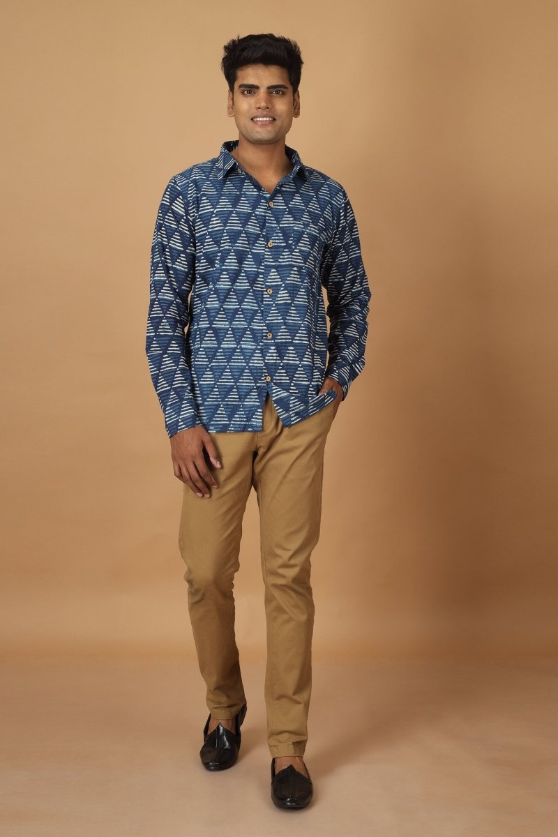 Trikona Dabu Indigo Mens Cotton Shirt | Verified Sustainable by Brown Living™