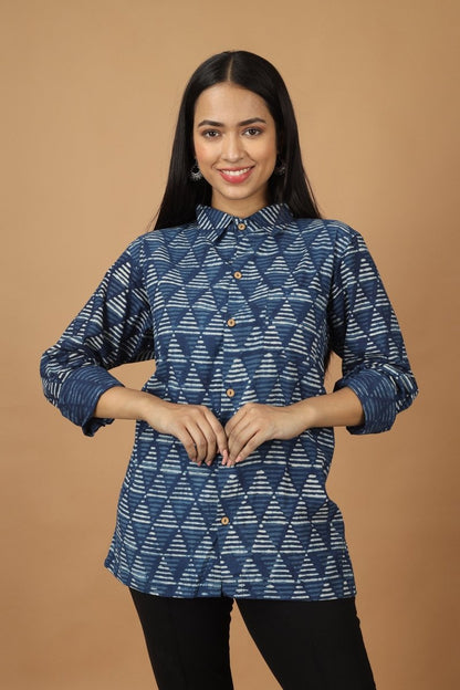 Trikona Dabu Indigo Womens Cotton Shirt | Verified Sustainable by Brown Living™