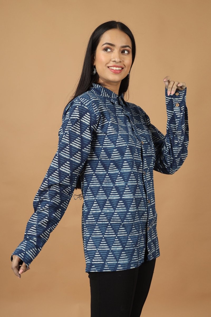 Buy Trikona Dabu Indigo Womens Cotton Shirt | Shop Verified Sustainable Womens Shirt on Brown Living™