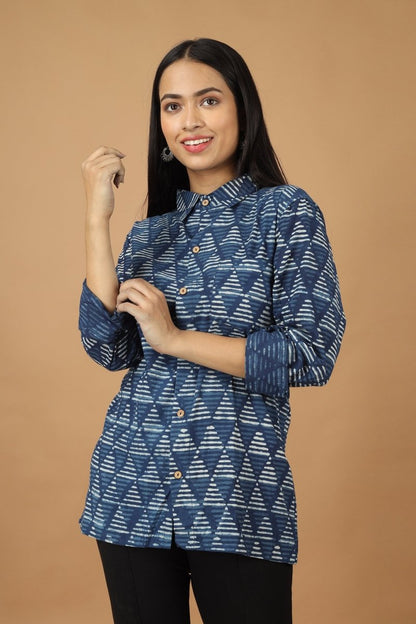 Trikona Dabu Indigo Womens Cotton Shirt | Verified Sustainable by Brown Living™