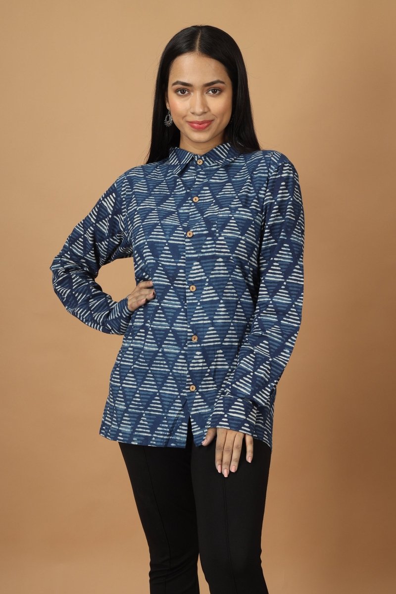 Trikona Dabu Indigo Womens Cotton Shirt | Verified Sustainable by Brown Living™