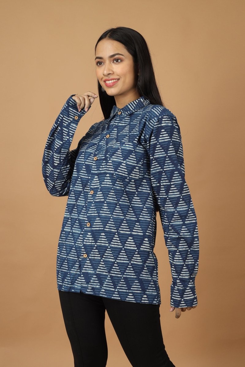 Buy Trikona Dabu Indigo Womens Cotton Shirt | Shop Verified Sustainable Womens Shirt on Brown Living™