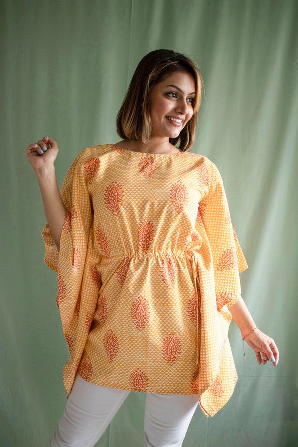 Buy Turmeric Yellow Short Kaftaan in Lyocell | Shop Verified Sustainable Womens Dress on Brown Living™