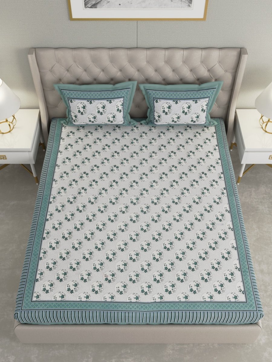 Turquoise Hand Block Printed Pure Cotton King Size Bedding Set | Verified Sustainable by Brown Living™