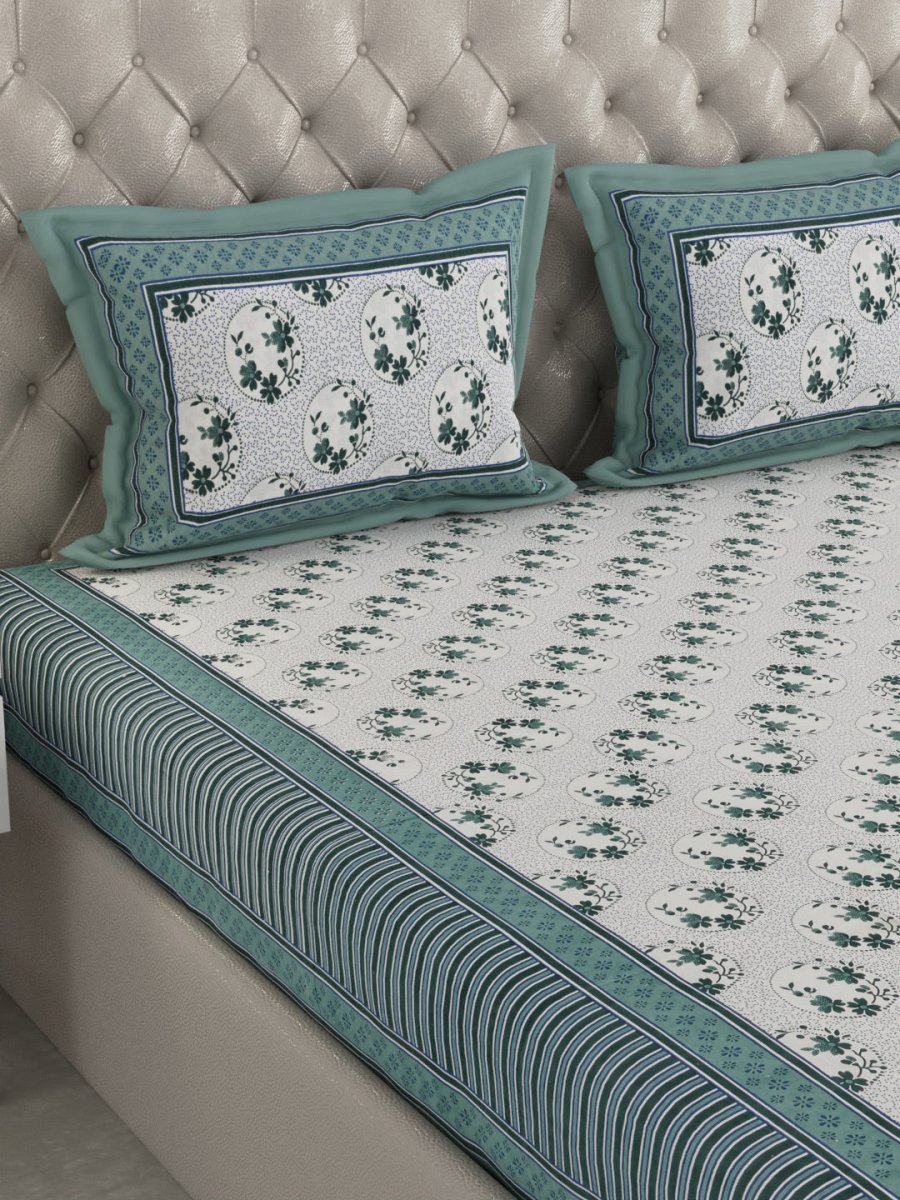 Turquoise Hand Block Printed Pure Cotton King Size Bedding Set | Verified Sustainable by Brown Living™