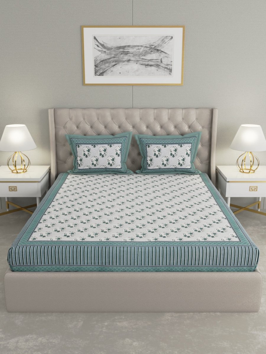 Turquoise Hand Block Printed Pure Cotton King Size Bedding Set | Verified Sustainable by Brown Living™