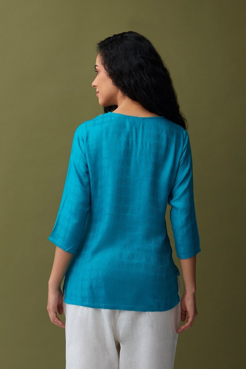 Turquoise Jacquard Embroidered Tunic | Verified Sustainable Womens Top on Brown Living™