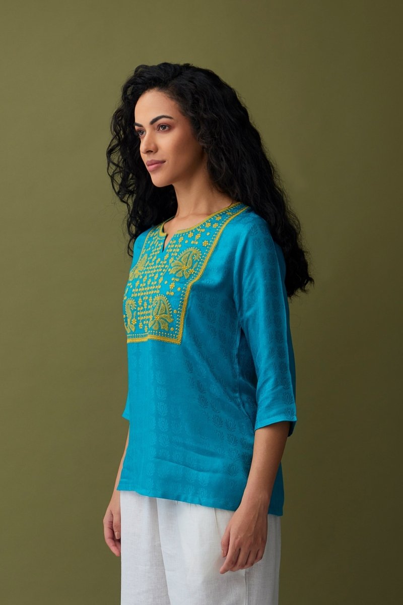 Turquoise Jacquard Embroidered Tunic | Verified Sustainable Womens Top on Brown Living™
