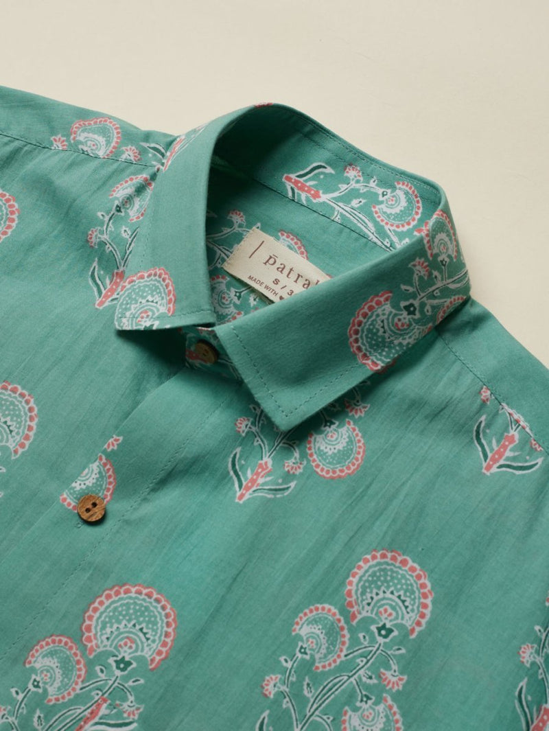 Buy Unisex Teal Botanical Flower Printed Shirt | Shop Verified Sustainable Mens Shirt on Brown Living™