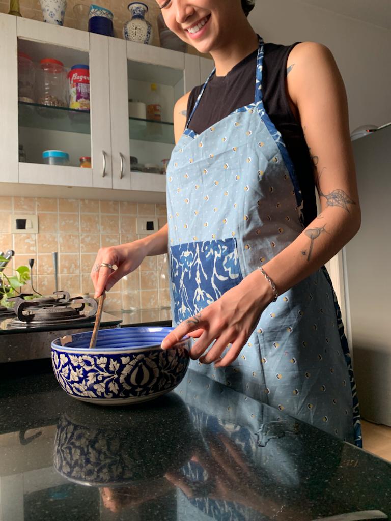 Buy Upcycled Blue Adult Apron with printed pocket | Shop Verified Sustainable Kitchen Linens on Brown Living™