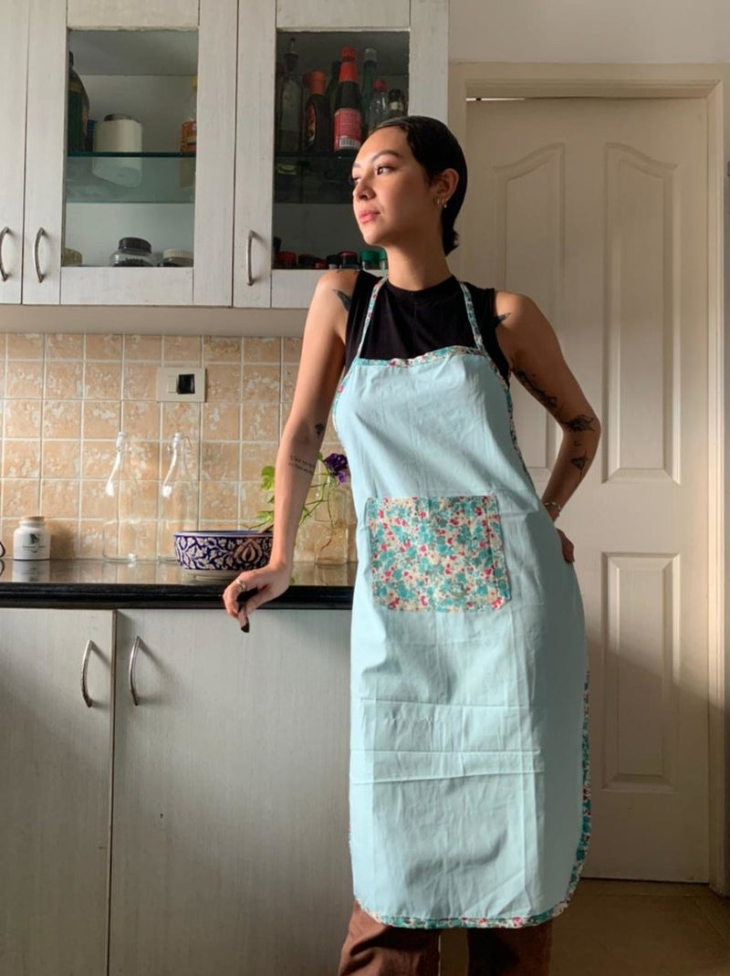 Buy Upcycled Blue Adult Apron with Tiny floral print pocket | Shop Verified Sustainable Kitchen Linens on Brown Living™