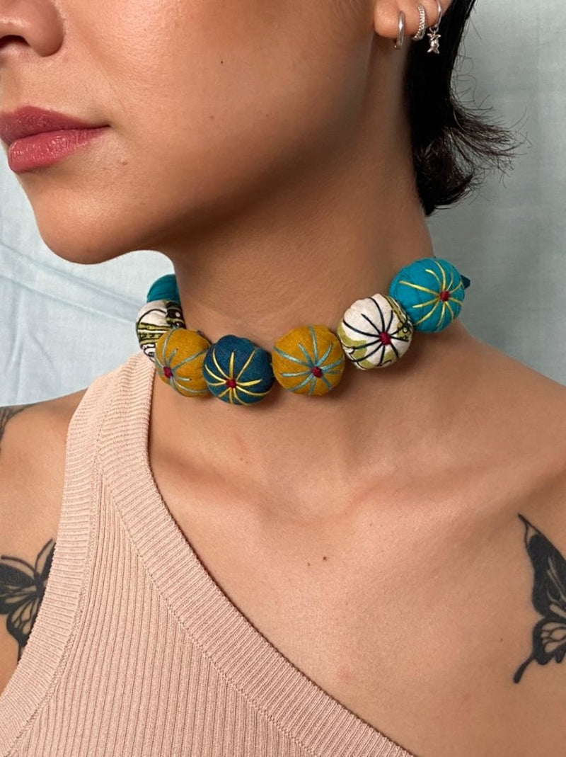 Buy Upcycled Blue Green stuffed flower Choker Necklace | Shop Verified Sustainable Womens Accessories on Brown Living™