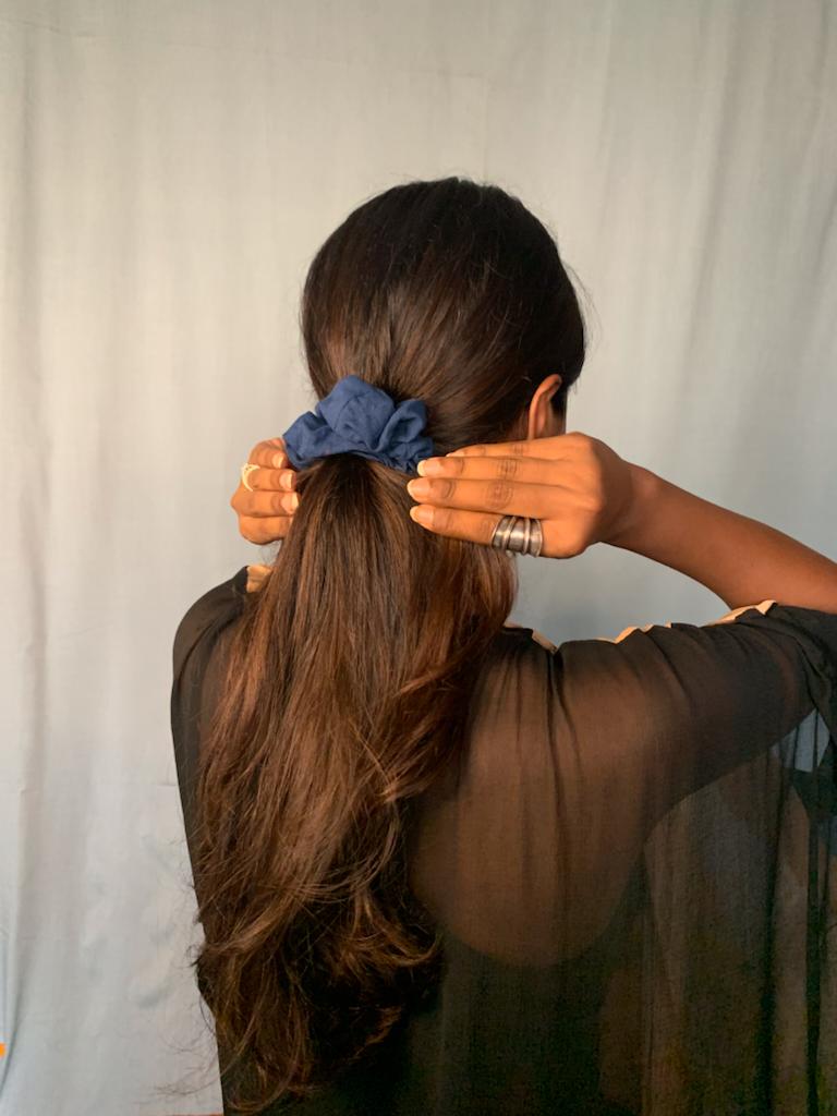 Buy Upcycled Brown Blue Hair Tying Scrunchies - Set of 2 | Shop Verified Sustainable Hair Styling on Brown Living™