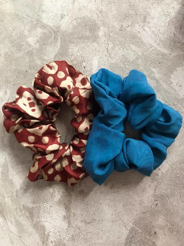 Buy Upcycled Brown Blue Hair Tying Scrunchies - Set of 2 | Shop Verified Sustainable Products on Brown Living