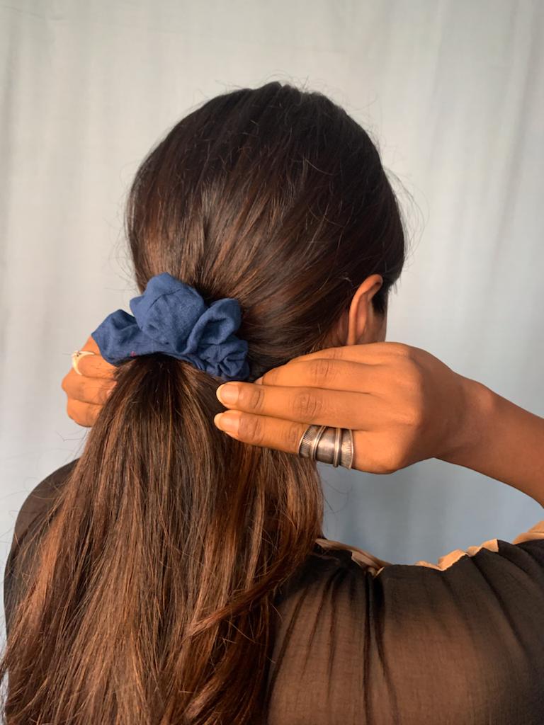 Buy Upcycled Brown Blue Hair Tying Scrunchies - Set of 2 | Shop Verified Sustainable Hair Styling on Brown Living™