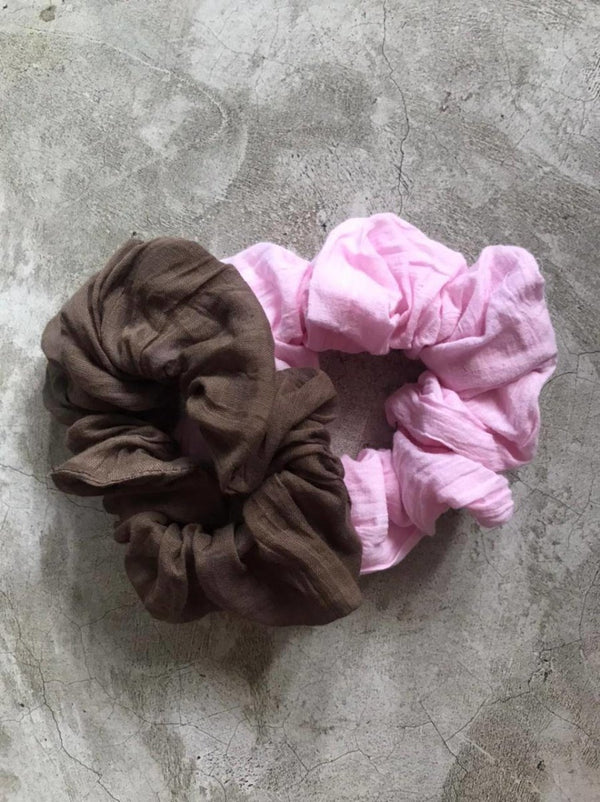 Buy Upcycled Brown Pink Hair Tying Scrunchies - Set of 2 | Shop Verified Sustainable Hair Styling on Brown Living™