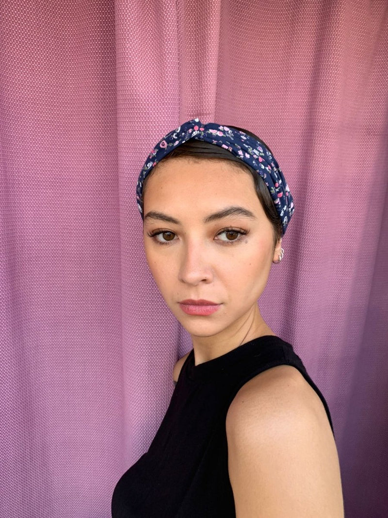 Buy Upcycled Dark Blue floral Turban Hairband | Shop Verified Sustainable Womens Accessories on Brown Living™