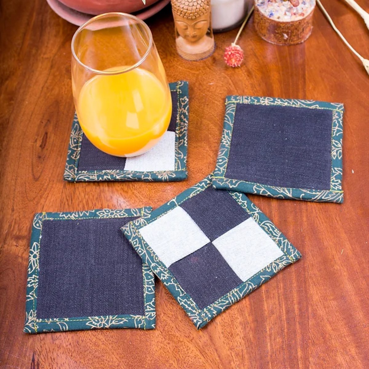 Upcycled Denim Coaster Set of 4 - Blue and White | Verified Sustainable by Brown Living™