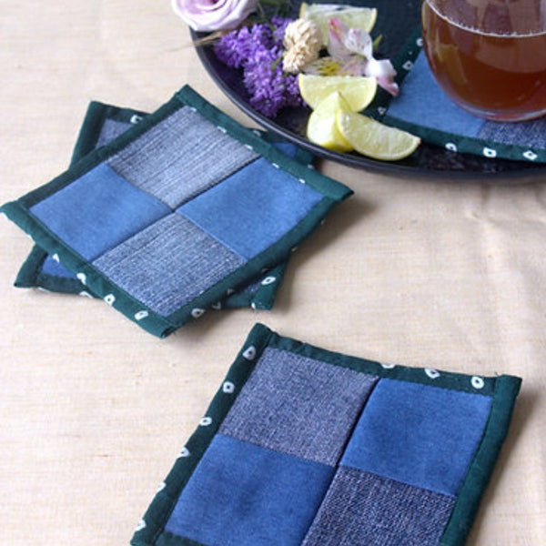 Buy Upcycled Denim Coaster Set (x4)- Bandhani Piping | Shop Verified Sustainable Table Linens on Brown Living™