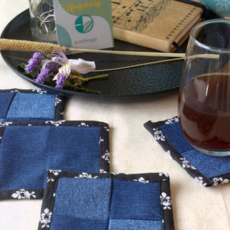 Buy Upcycled Denim Coaster Set (x4)- Black Piping | Shop Verified Sustainable Table Linens on Brown Living™
