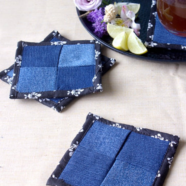 Buy Upcycled Denim Coaster Set (x4)- Black Piping | Shop Verified Sustainable Products on Brown Living