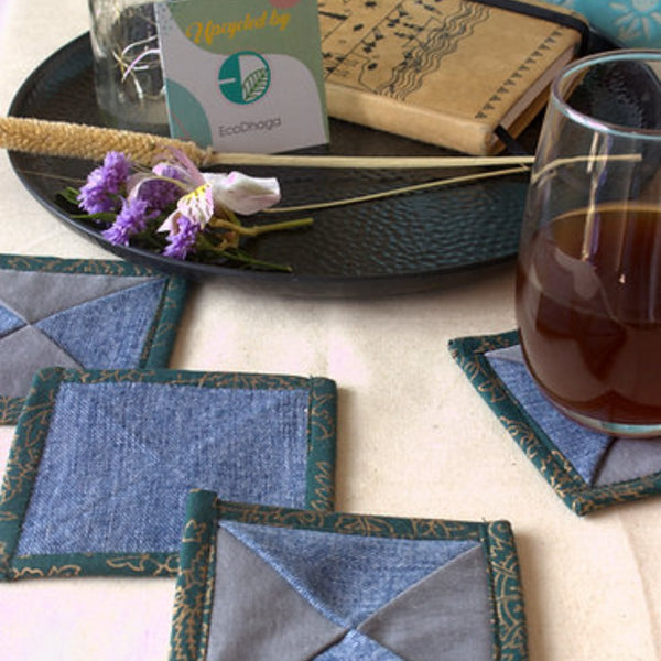 Buy Upcycled Denim Coaster Set (x4)- Blue and Grey | Shop Verified Sustainable Table Linens on Brown Living™