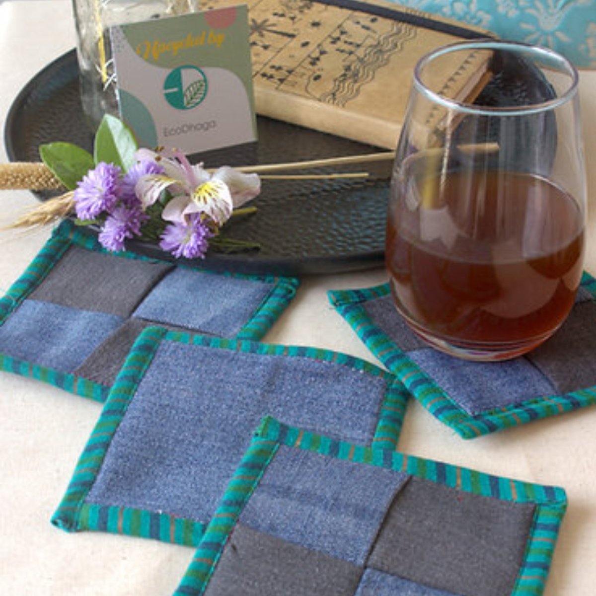 Upcycled Denim Coaster Set (x4) - Blue Green Piping | Verified Sustainable by Brown Living™