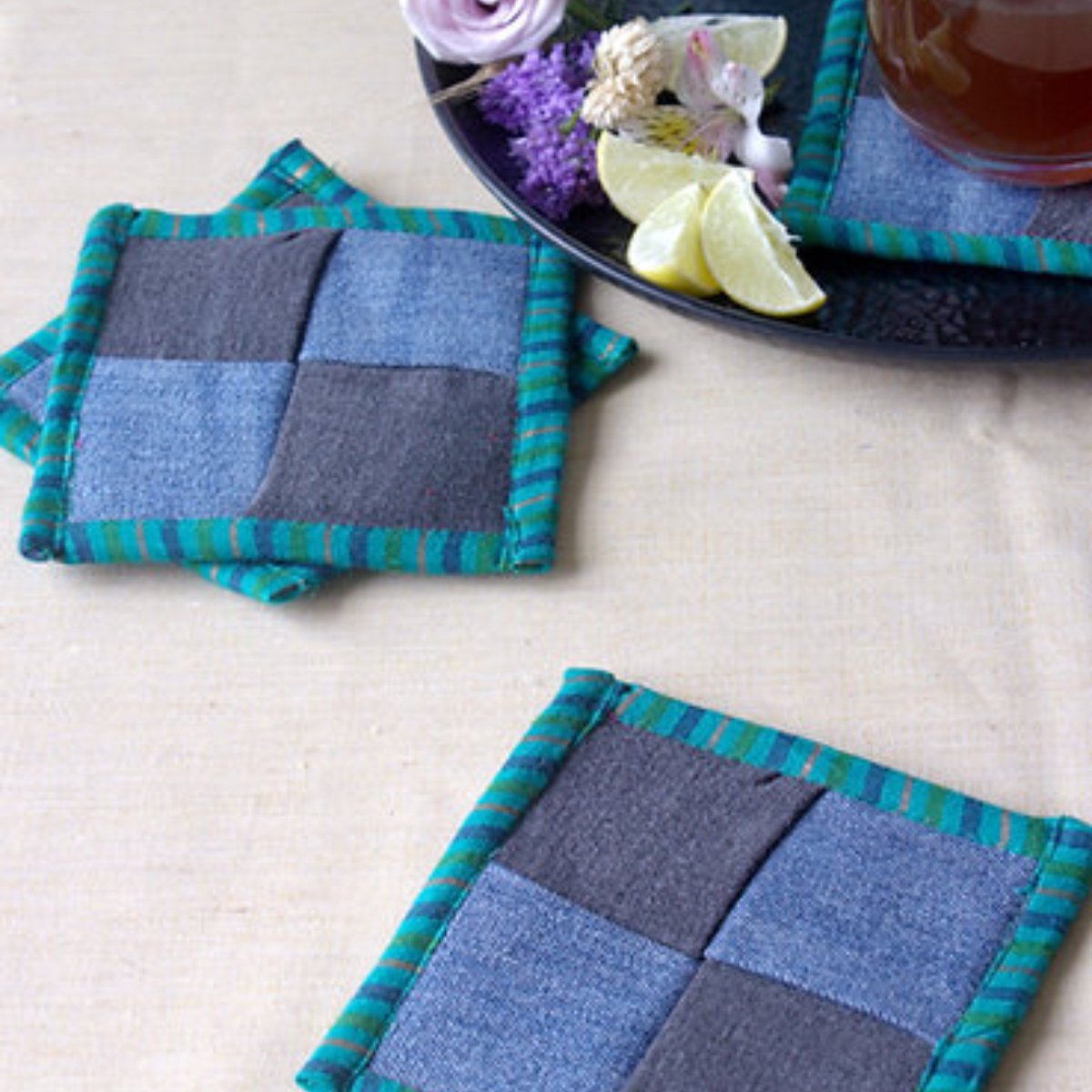 Upcycled Denim Coaster Set (x4) - Blue Green Piping | Verified Sustainable by Brown Living™