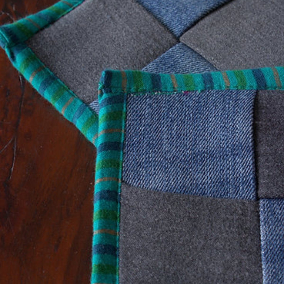 Upcycled Denim Coaster Set (x4) - Blue Green Piping | Verified Sustainable by Brown Living™