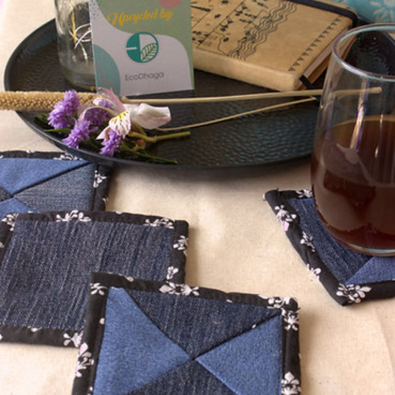 Buy Upcycled Denim Coaster Set (x4)- Blue with Black Piping | Shop Verified Sustainable Table Linens on Brown Living™