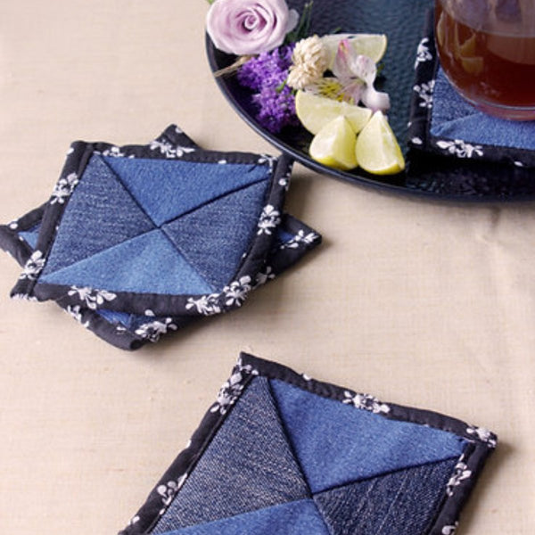 Buy Upcycled Denim Coaster Set (x4)- Blue with Black Piping | Shop Verified Sustainable Table Linens on Brown Living™