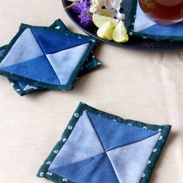 Buy Upcycled Denim Coaster Set (x4)- Green Bandhani Piping | Shop Verified Sustainable Table Linens on Brown Living™