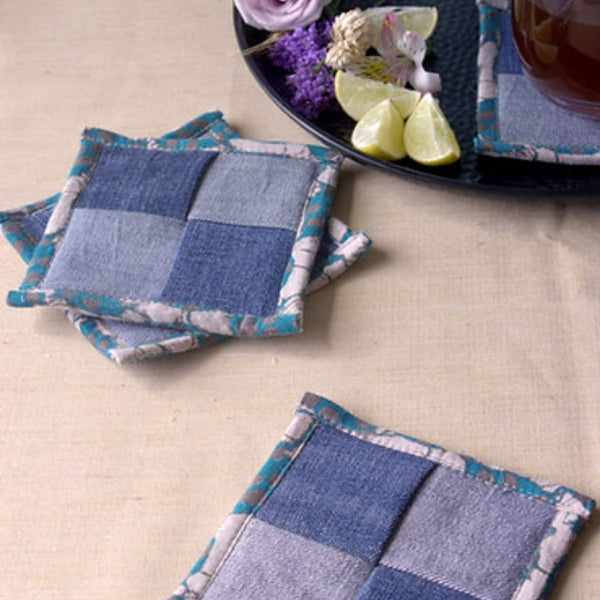 Buy Upcycled Denim Coaster Set (x4)- Light Blue Piping | Shop Verified Sustainable Table Linens on Brown Living™